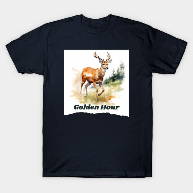 Golden Hour Serenity: Majestic Deer T-Shirt by Disocodesigns